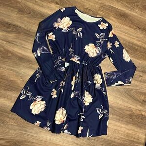 Navy Blue Long Sleeve Stretch Waist Dress
